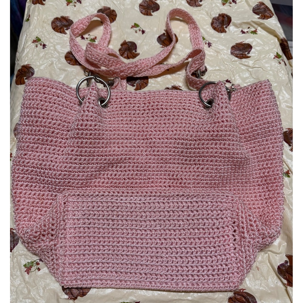 Pink Crochet Tote Bag Woven Knit Shoulder Bag with Zippered Divider Interior